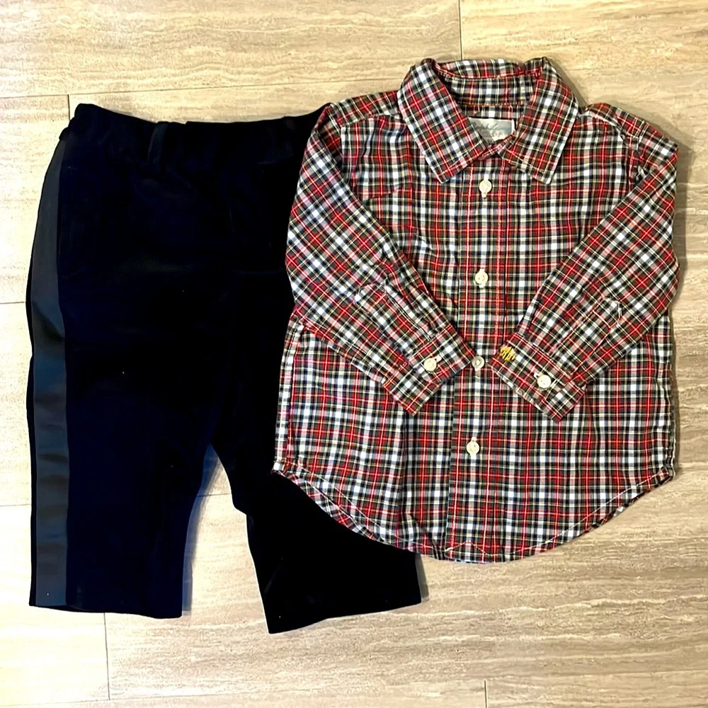 Ralph Lauren Baby Formal Plaid Dress Shirt & Velvet Tuxedo Pant Set
